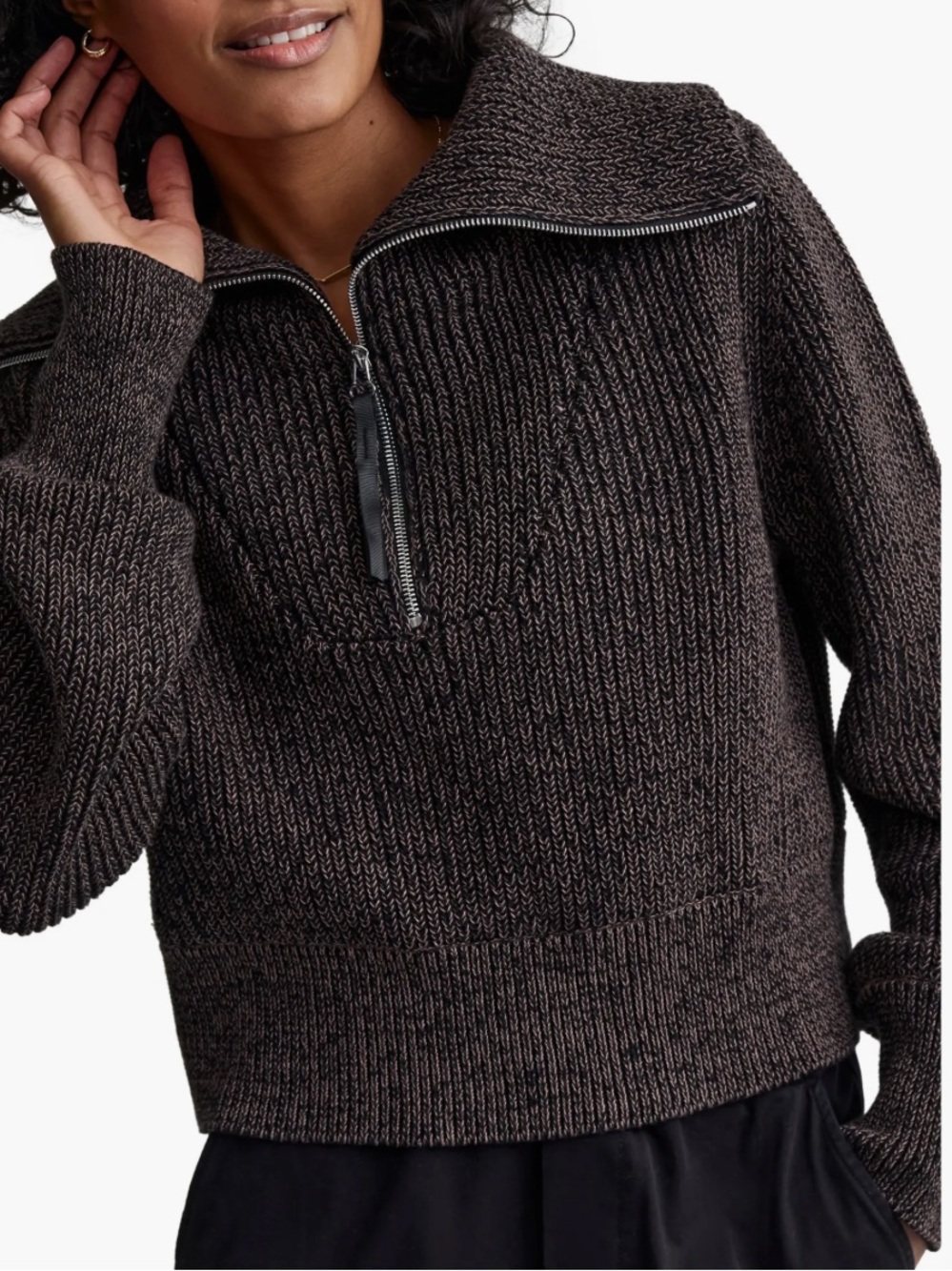 Varley Mentone Half-Zip Knit Pullover | Size L | Black Speckle (looks brown 👀!)